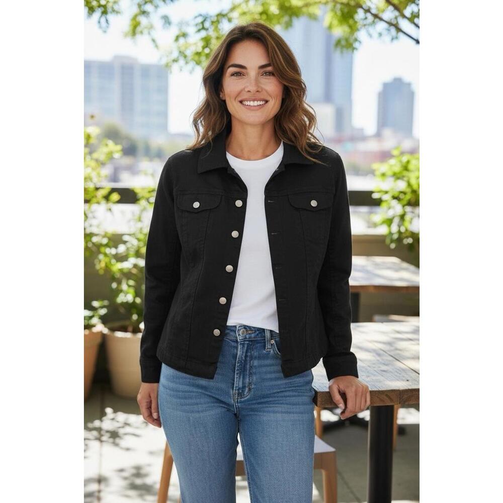 LAL Live a Little Black Cotton Jacket Women’s‎ Large Button Front Stretch Casual